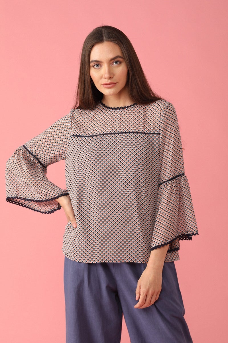 Gipsy Women Round Neck Three-Quarter Sleeves Self Design Blue Print Color Tops