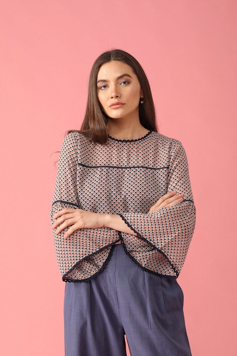 Gipsy Women Round Neck Three-Quarter Sleeves Self Design Blue Print Color Tops