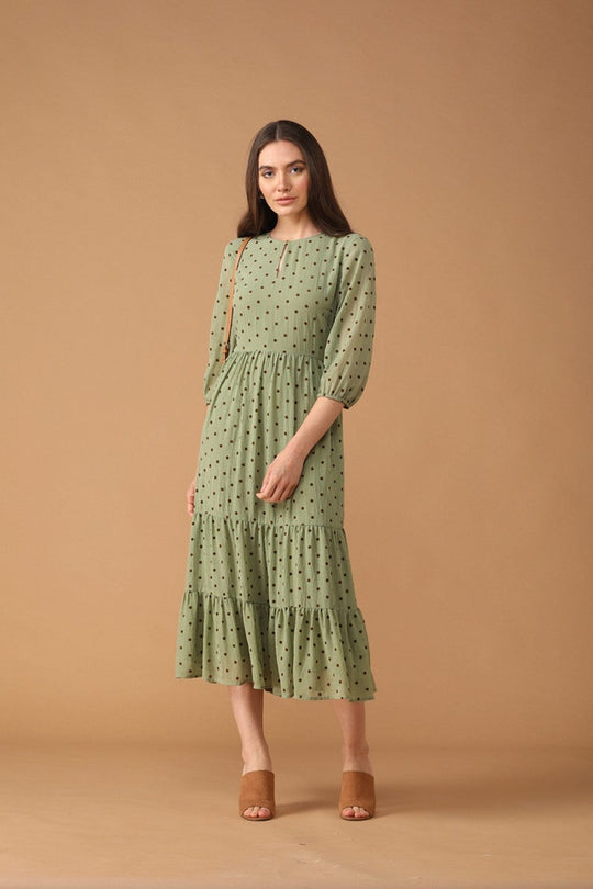 Gipsy Women Green Round Neck 3/4 Quarter Sleeves Dress