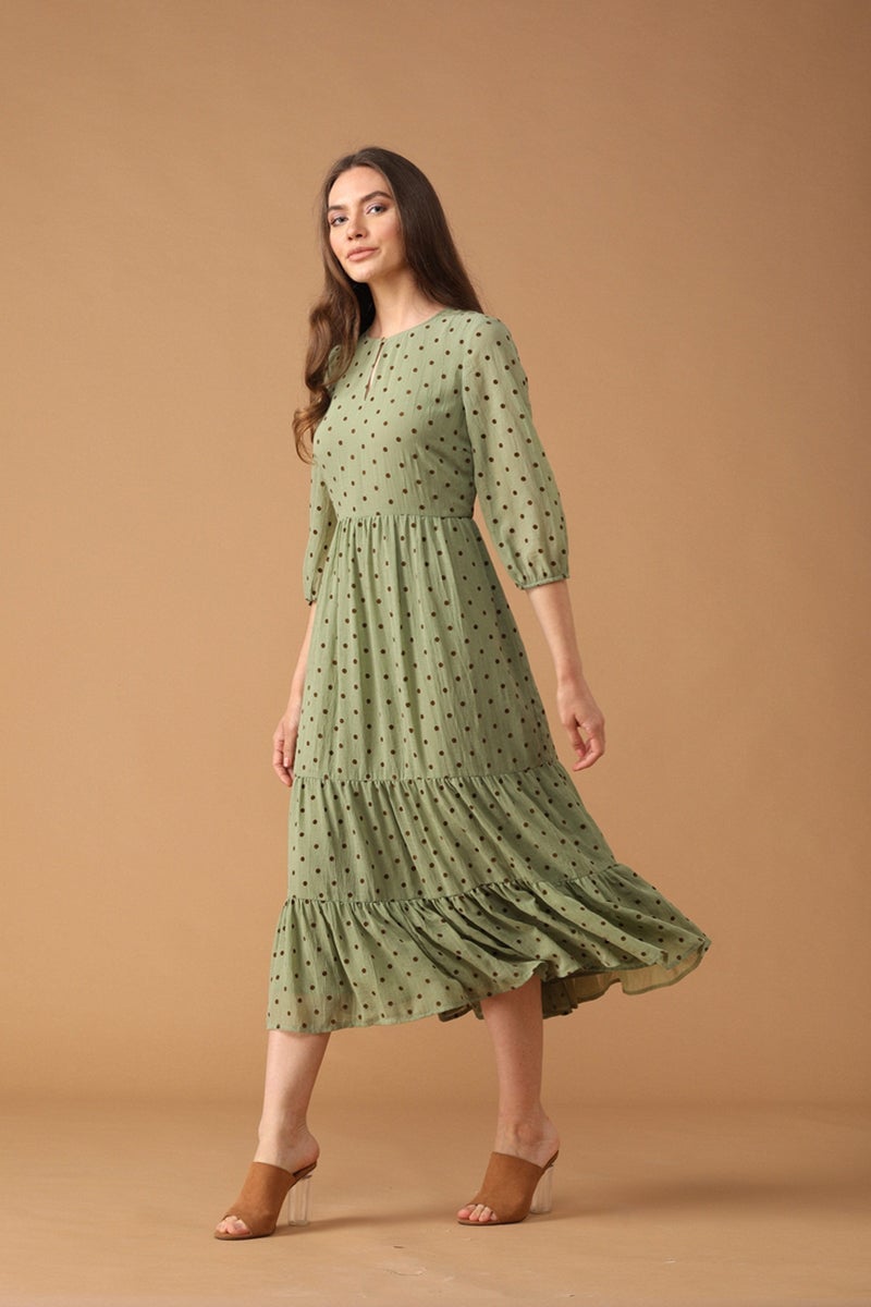 Gipsy Women Green Round Neck 3/4 Quarter Sleeves Dress