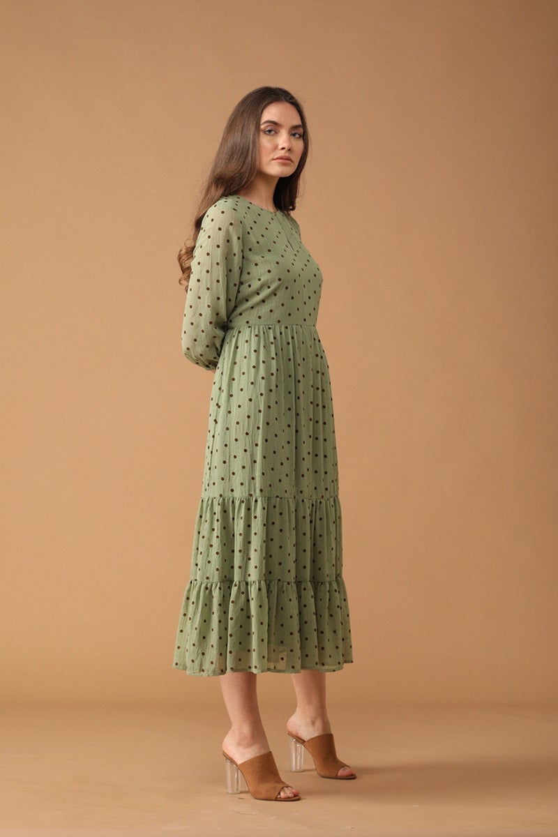 Gipsy Women Green Round Neck 3/4 Quarter Sleeves Dress