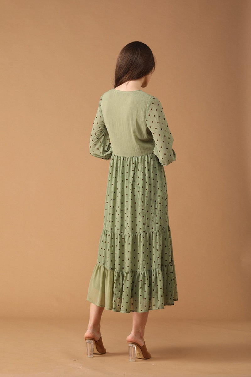 Gipsy Women Green Round Neck 3/4 Quarter Sleeves Dress