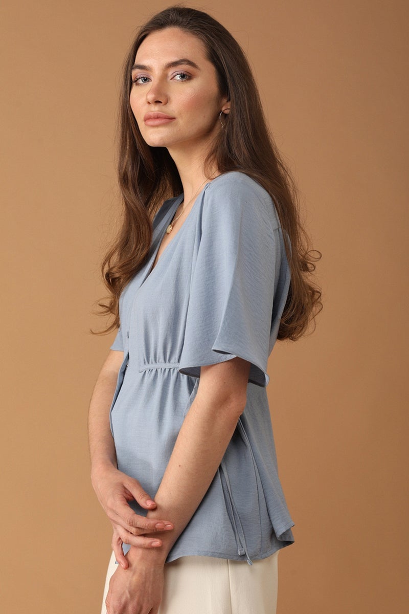 Gipsy Women V-Neck Short Sleeves Solid Light Grey Color Tops