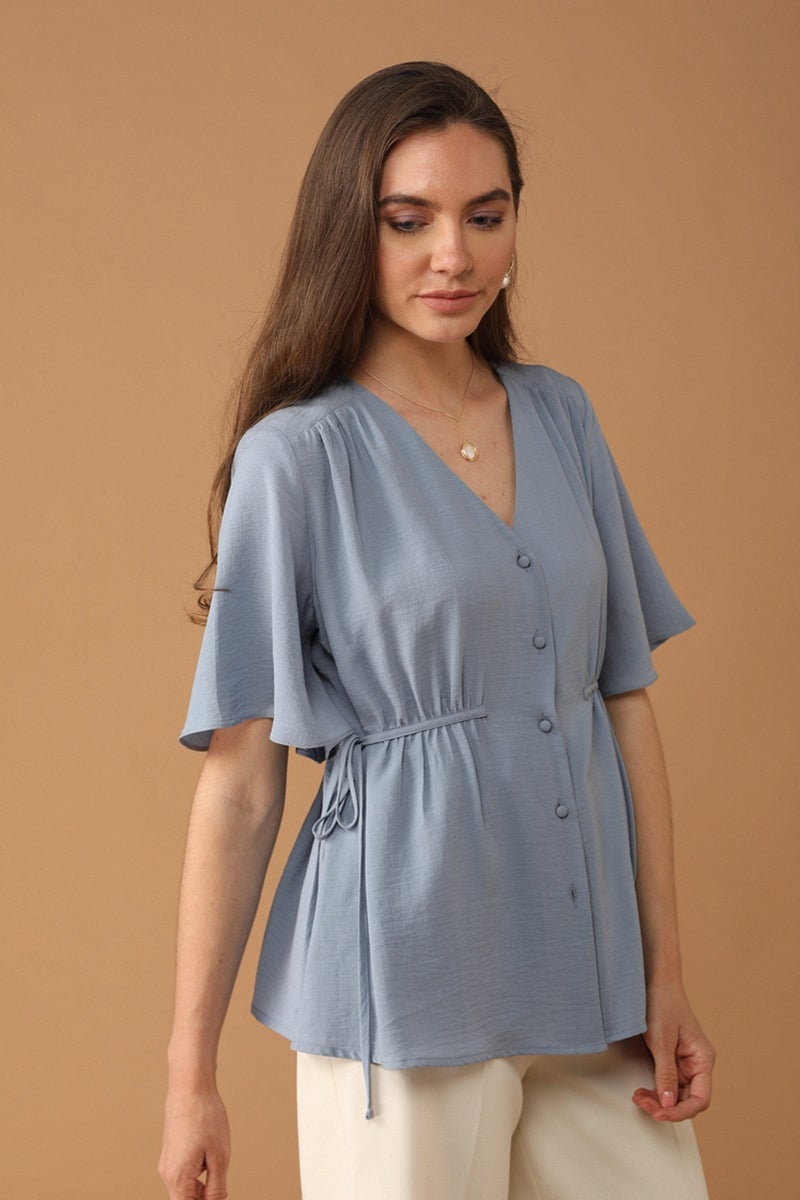 Gipsy Women V-Neck Short Sleeves Solid Light Grey Color Tops