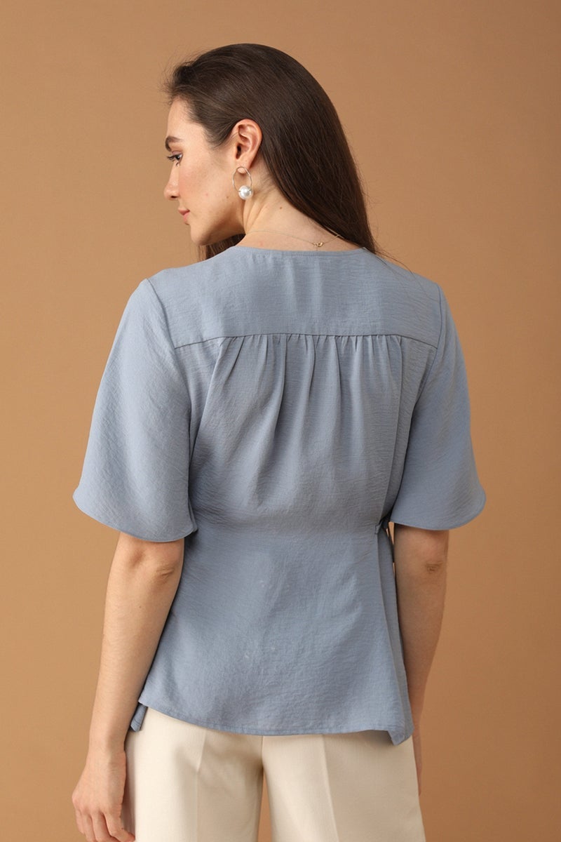 Gipsy Women V-Neck Short Sleeves Solid Light Grey Color Tops