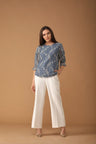 Gipsy Women Boat Neck Three-Quarter Sleeves Self Design Grey Blue Color Tops