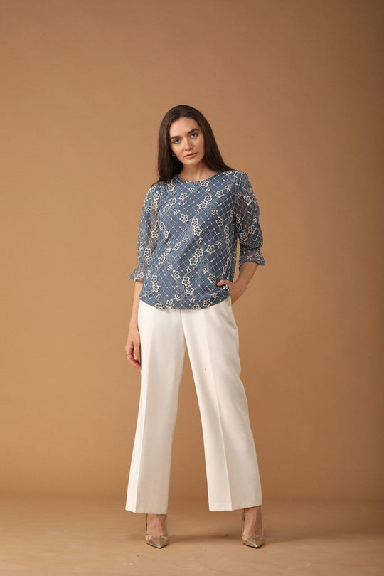 Gipsy Women Boat Neck Three-Quarter Sleeves Self Design Grey Blue Color Tops