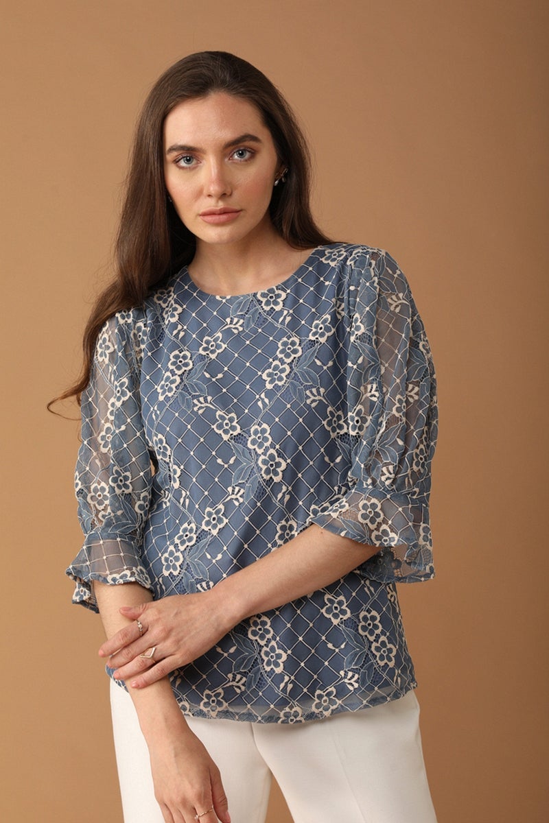 Gipsy Women Boat Neck Three-Quarter Sleeves Self Design Grey Blue Color Tops