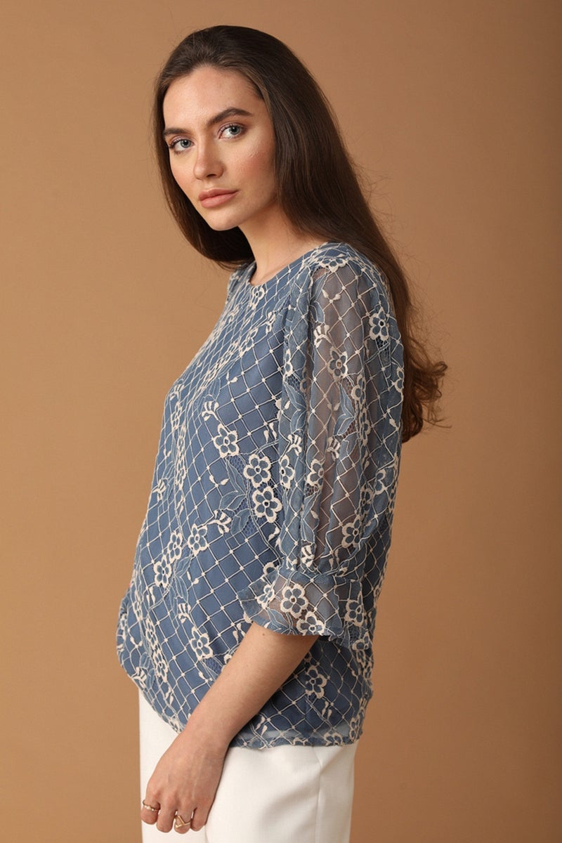 Gipsy Women Boat Neck Three-Quarter Sleeves Self Design Grey Blue Color Tops