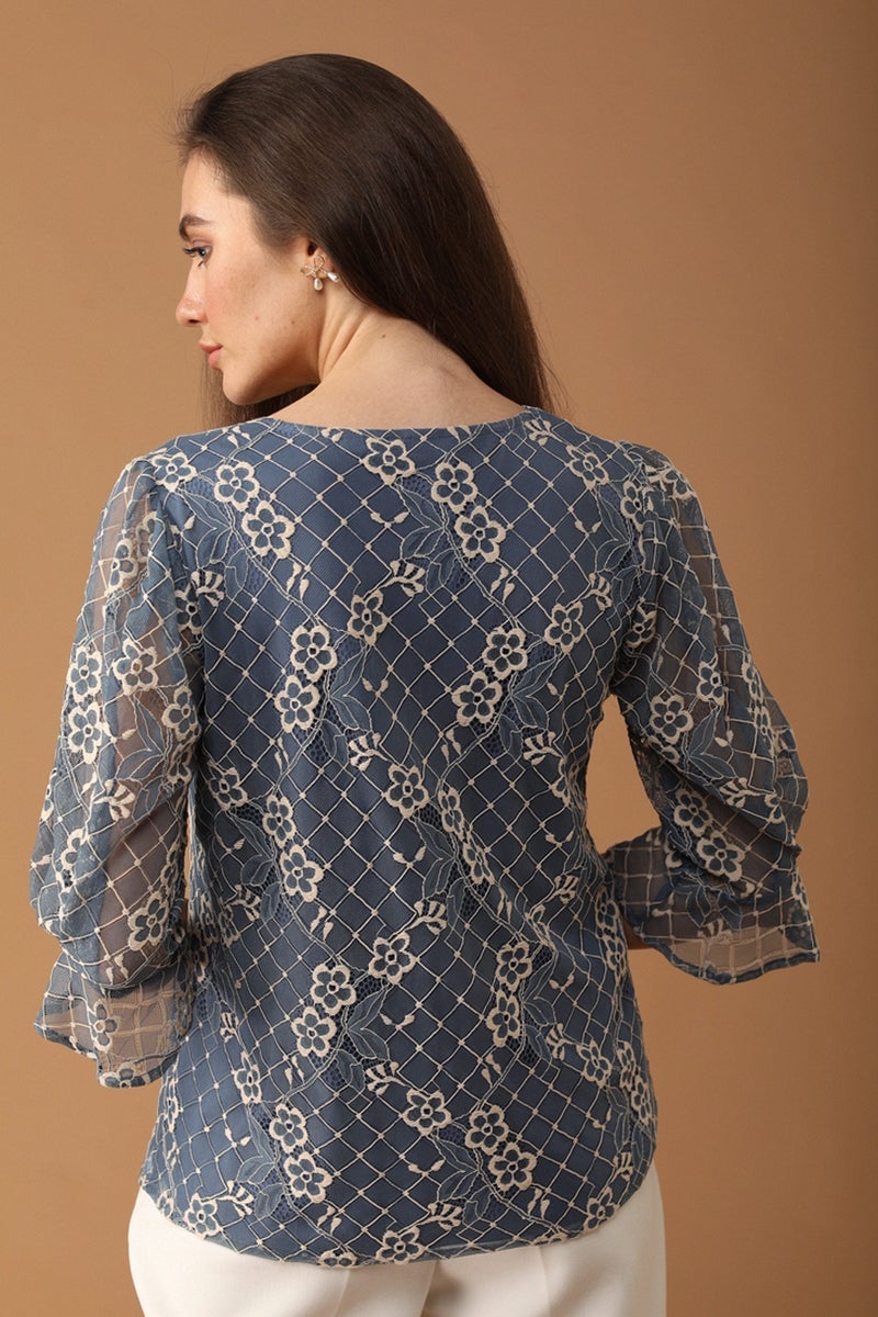 Gipsy Women Boat Neck Three-Quarter Sleeves Self Design Grey Blue Color Tops