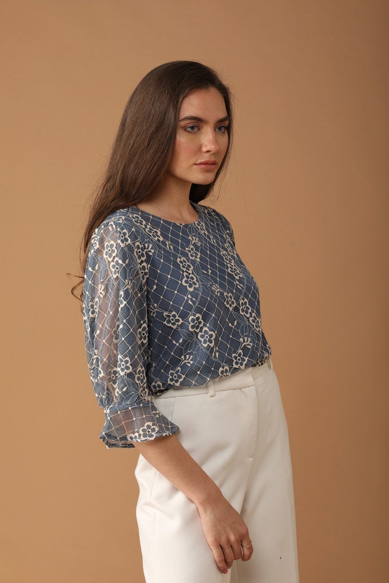Gipsy Women Boat Neck Three-Quarter Sleeves Self Design Grey Blue Color Tops