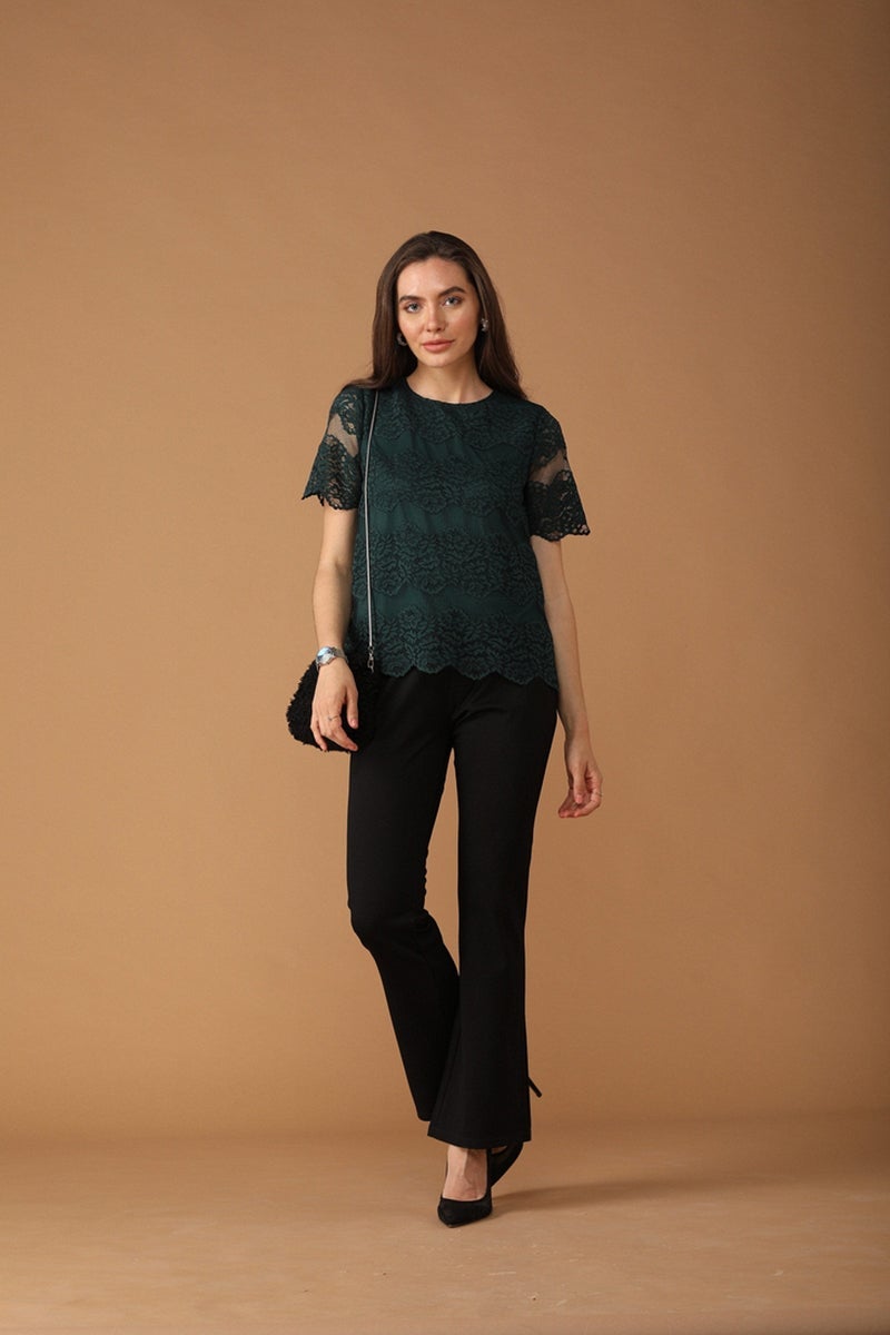 Gipsy Women Round Neck Short Sleeves Embellished Bottle Green Color Tops