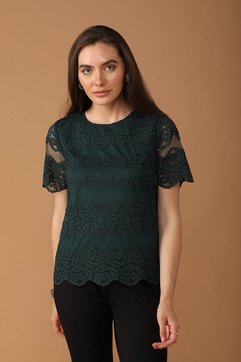 Gipsy Women Round Neck Short Sleeves Embellished Bottle Green Color Tops
