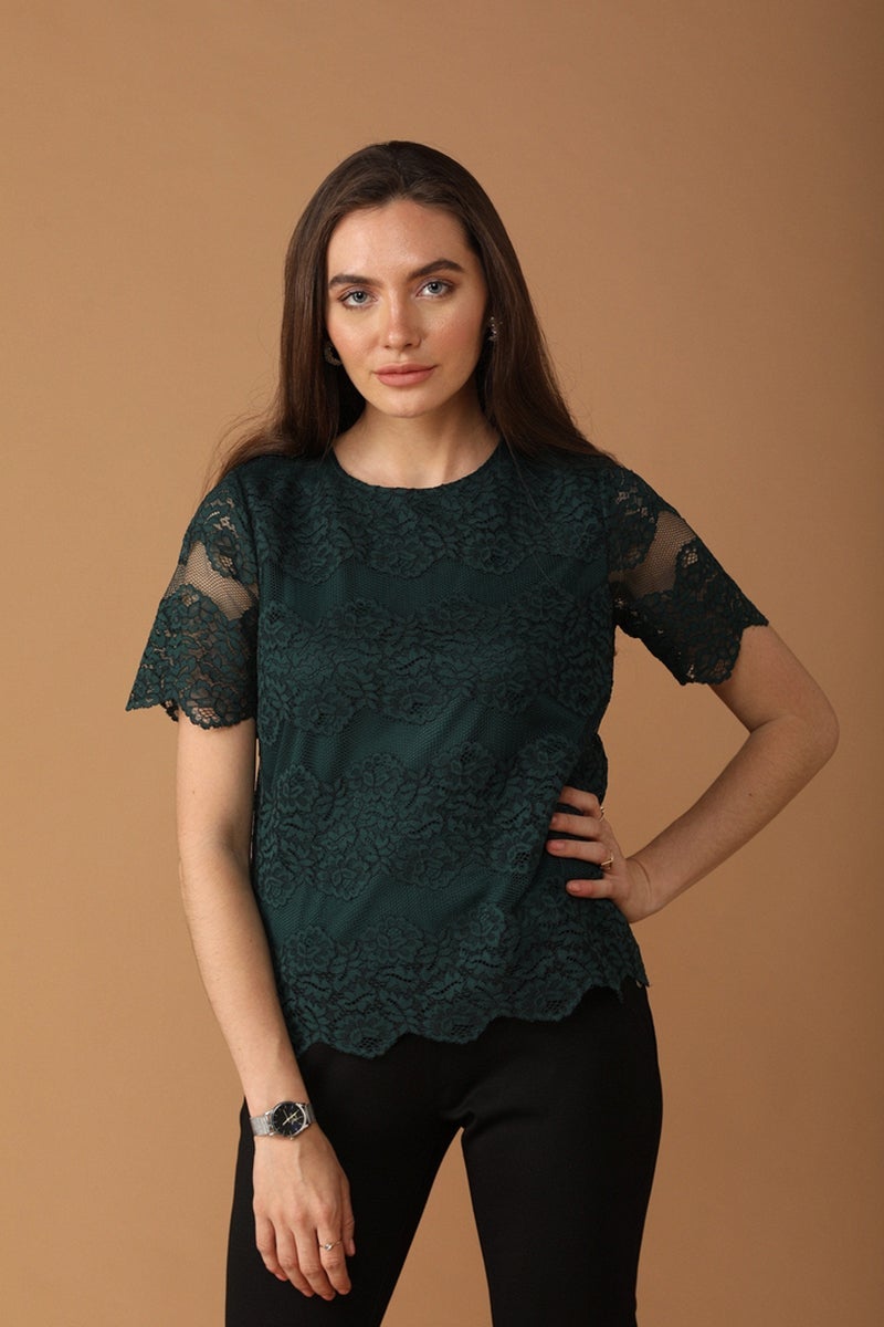 Gipsy Women Round Neck Short Sleeves Embellished Bottle Green Color Tops