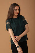 Gipsy Women Round Neck Short Sleeves Embellished Bottle Green Color Tops