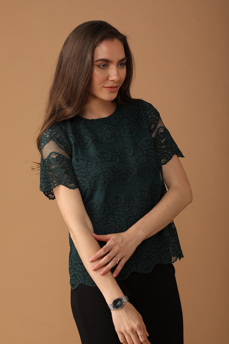 Gipsy Women Round Neck Short Sleeves Embellished Bottle Green Color Tops