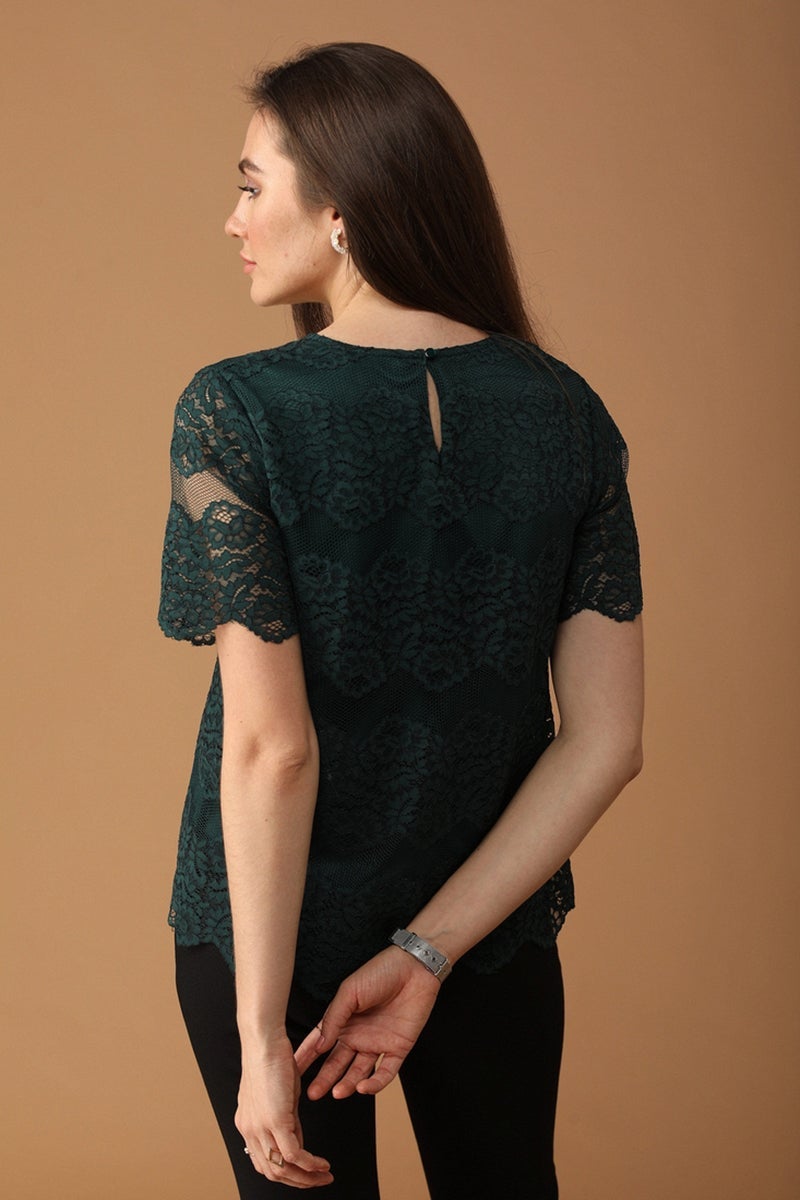 Gipsy Women Round Neck Short Sleeves Embellished Bottle Green Color Tops