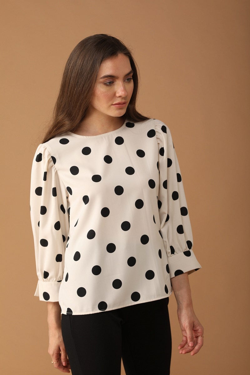 Gipsy Women Round Neck Long Sleeves Solid Cream Color Tops