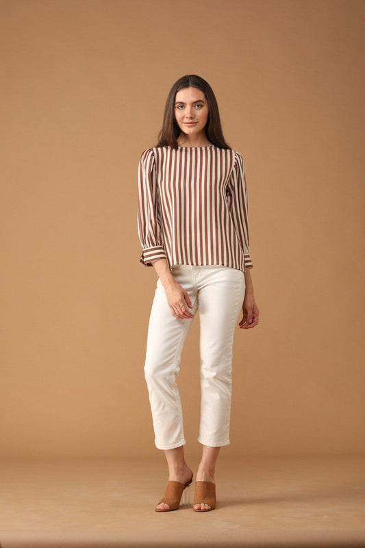Gipsy Women Round Neck Long Sleeves Striped Mocca Color Tops