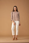 Gipsy Women Round Neck Long Sleeves Striped Mocca Color Tops