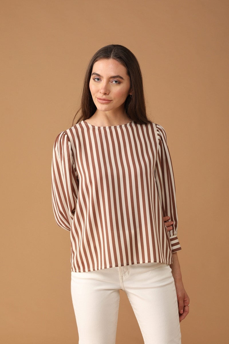 Gipsy Women Round Neck Long Sleeves Striped Mocca Color Tops