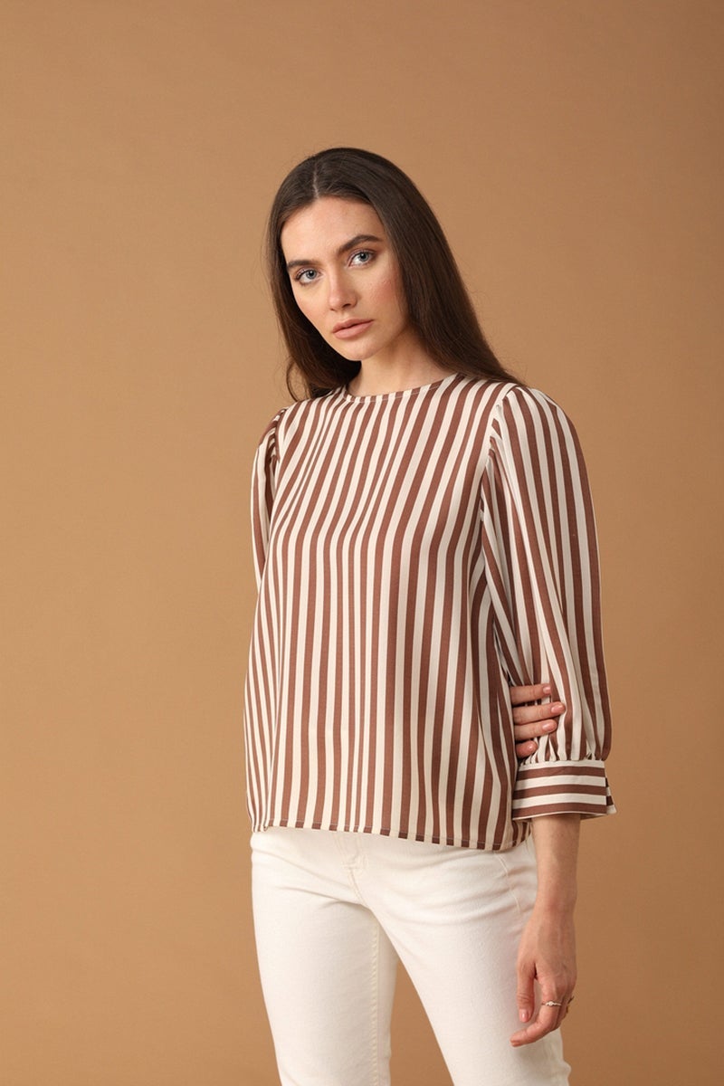 Gipsy Women Round Neck Long Sleeves Striped Mocca Color Tops