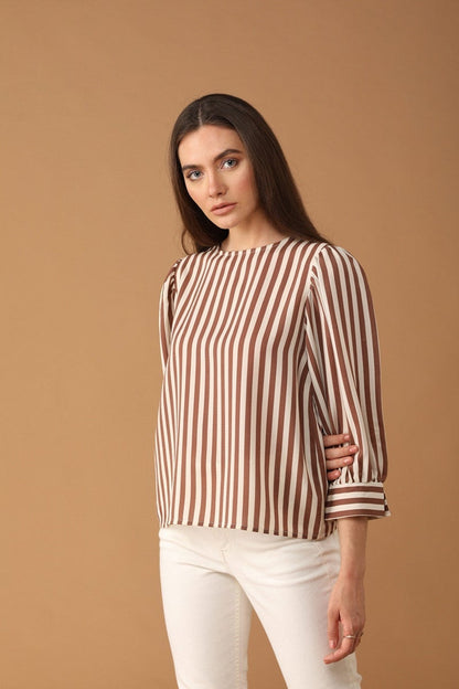 Gipsy Women Round Neck Long Sleeves Striped Mocca Color Tops