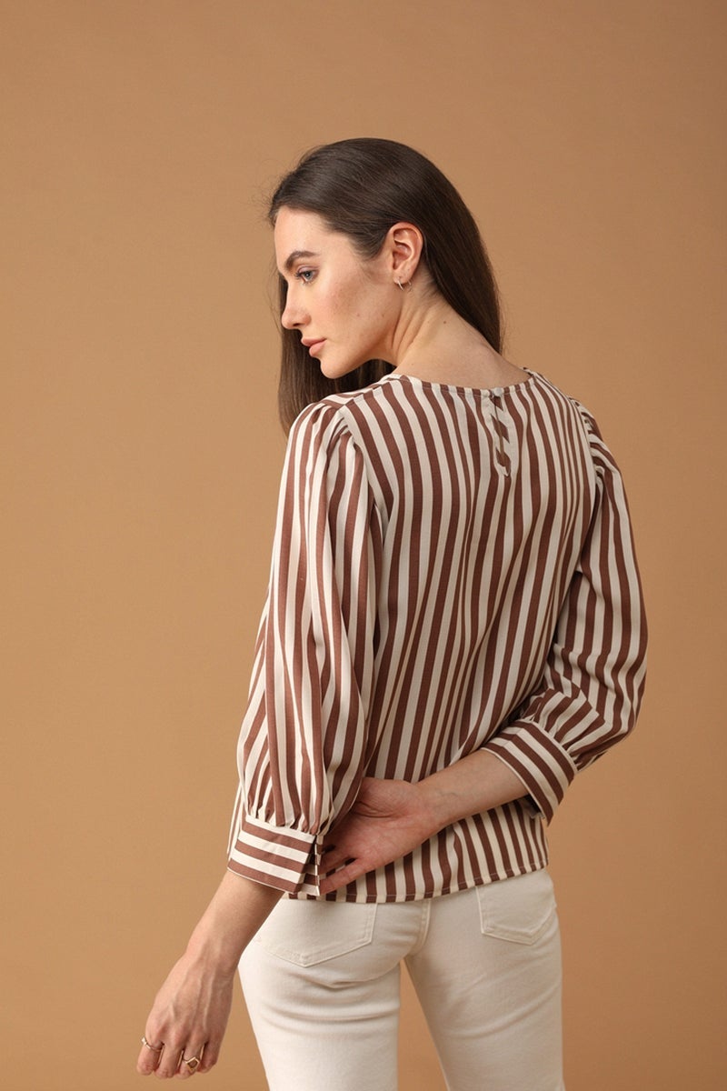 Gipsy Women Round Neck Long Sleeves Striped Mocca Color Tops
