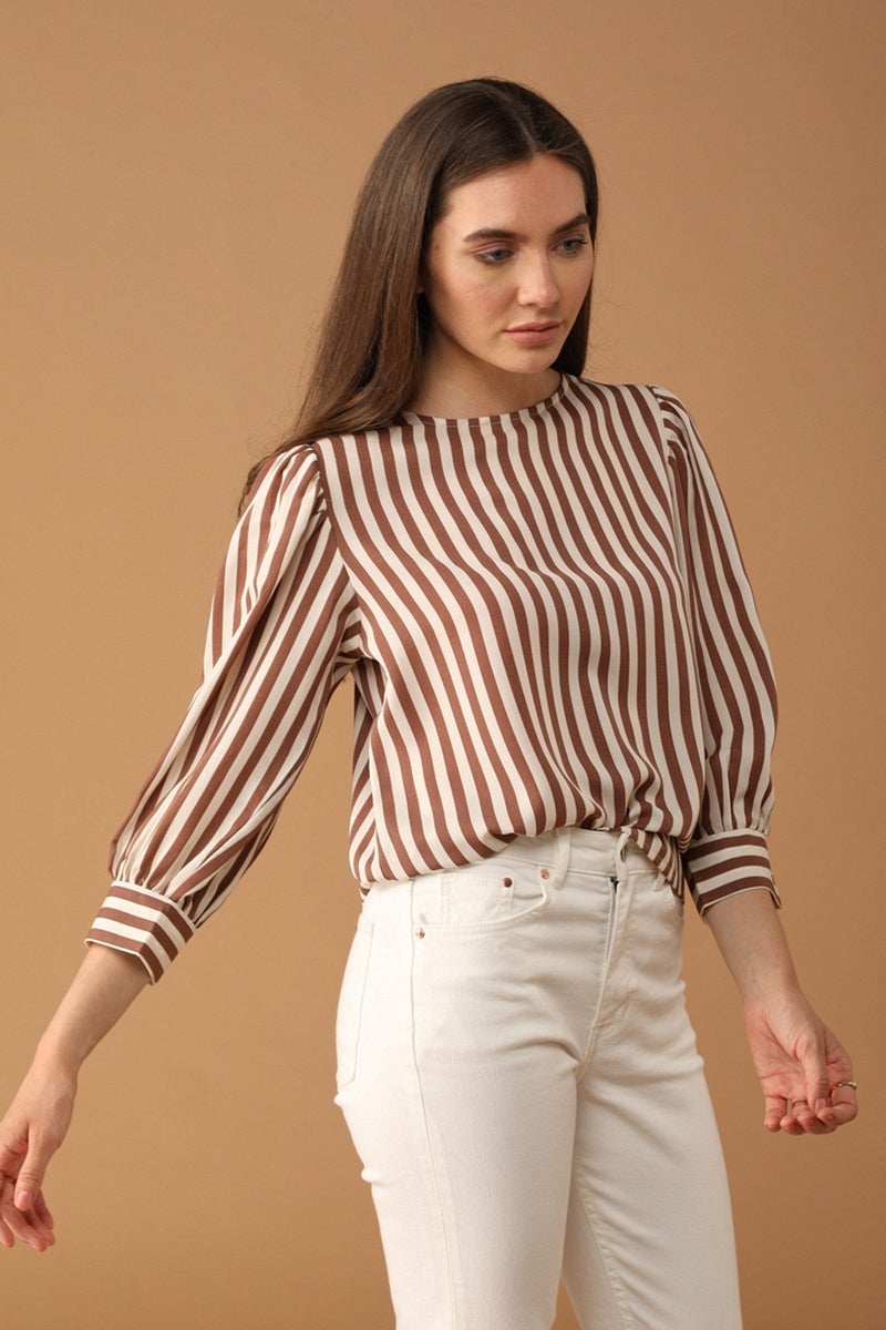 Gipsy Women Round Neck Long Sleeves Striped Mocca Color Tops