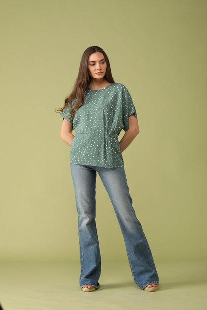 Gipsy Women Boat Neck Short Sleeves Solid Olive Color Tops