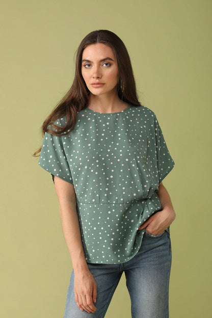 Gipsy Women Boat Neck Short Sleeves Solid Olive Color Tops