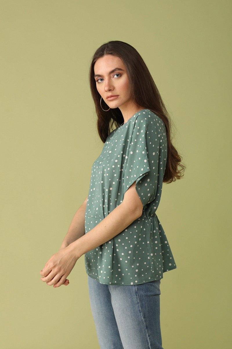 Gipsy Women Boat Neck Short Sleeves Solid Olive Color Tops