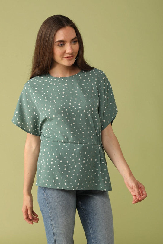 Gipsy Women Boat Neck Short Sleeves Solid Olive Color Tops