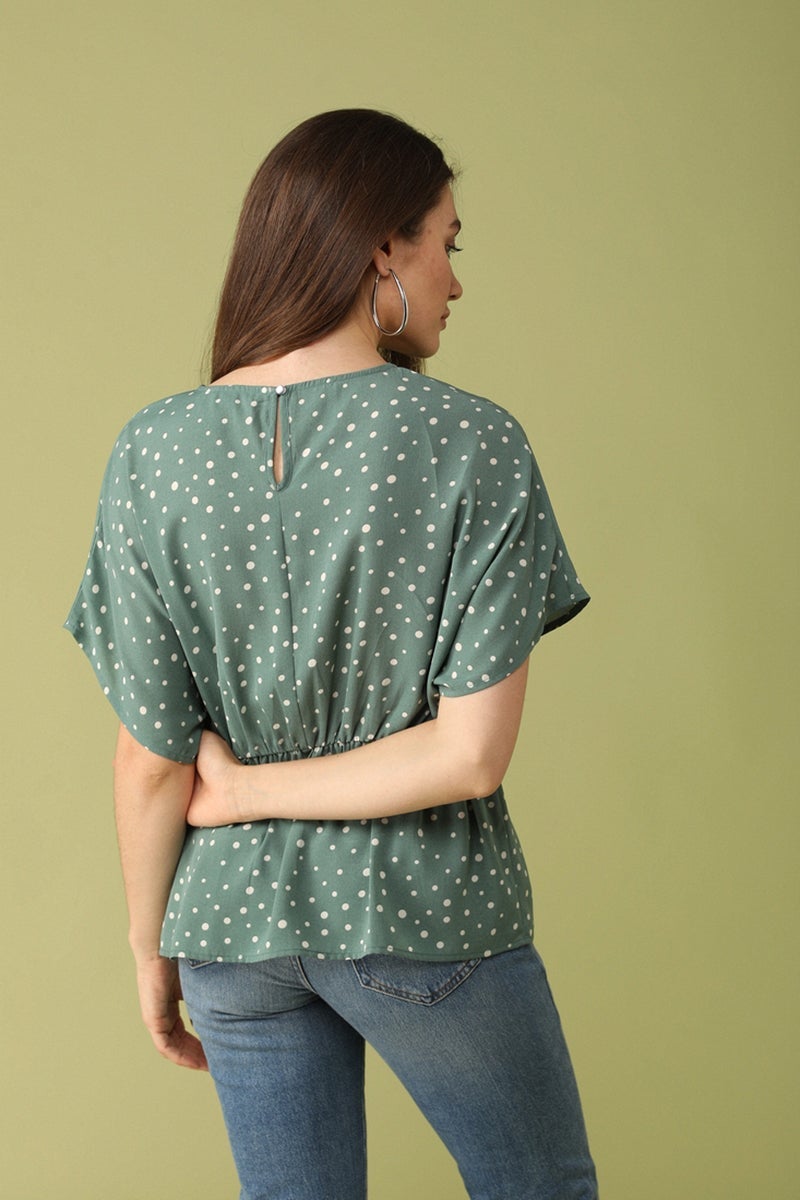 Gipsy Women Boat Neck Short Sleeves Solid Olive Color Tops