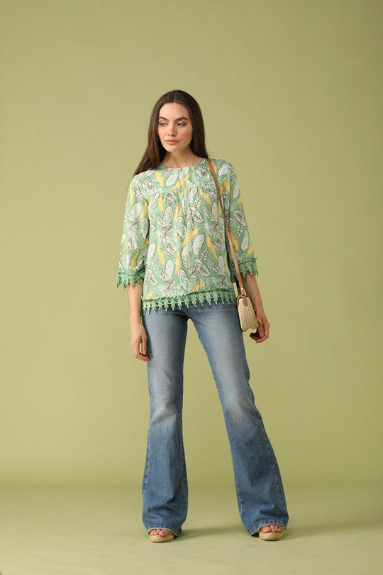 Gipsy Women Green Round Neck 3/4 Quarter Sleeves Tunic