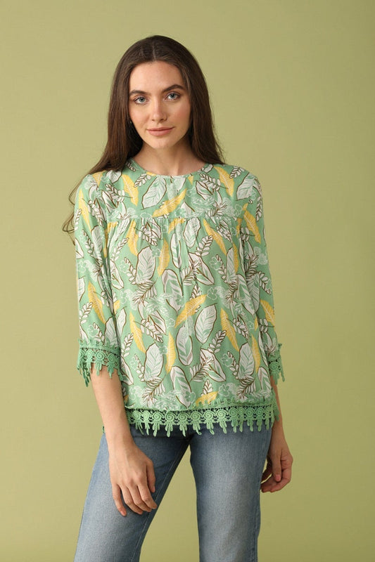 Gipsy Women Green Round Neck 3/4 Quarter Sleeves Tunic