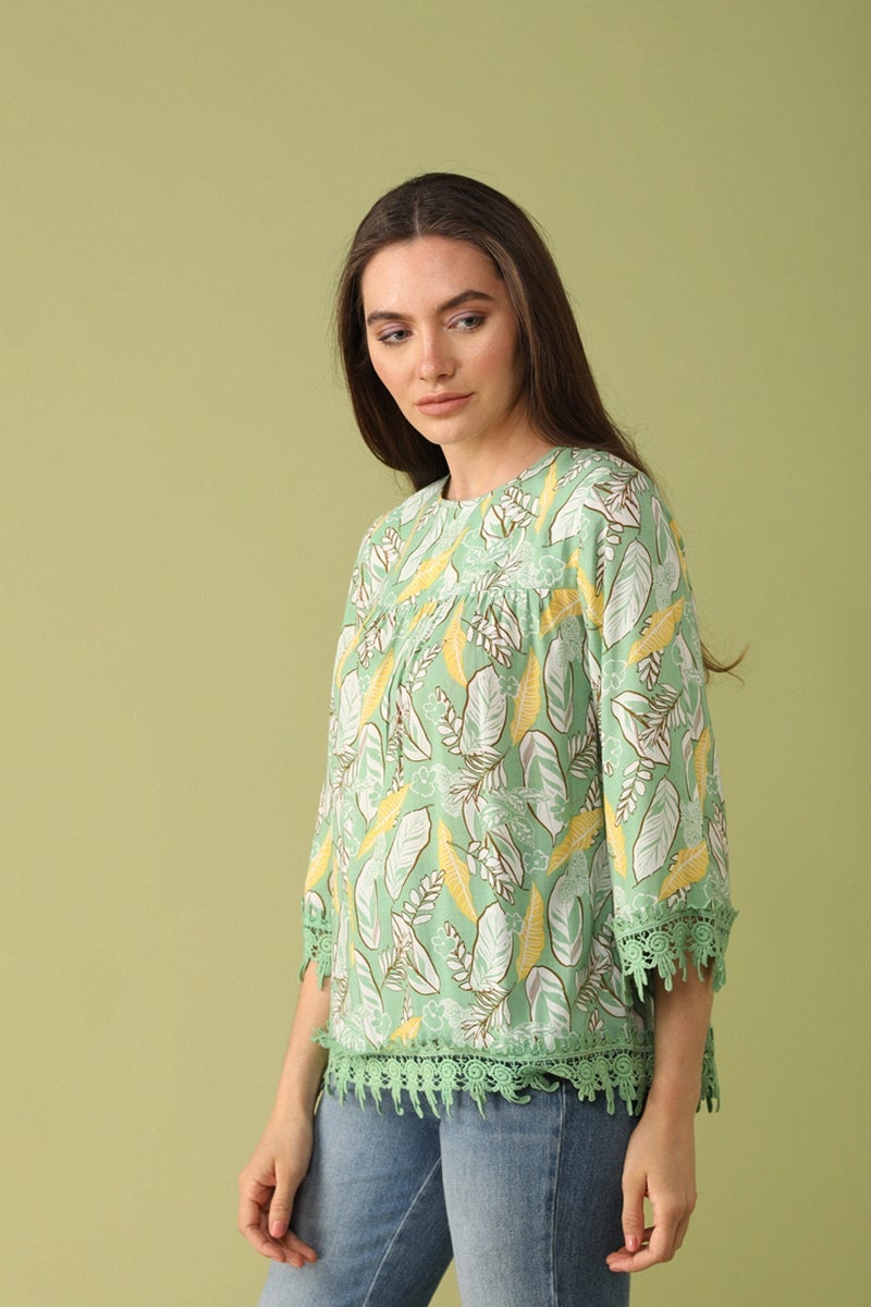 Gipsy Women Green Round Neck 3/4 Quarter Sleeves Tunic