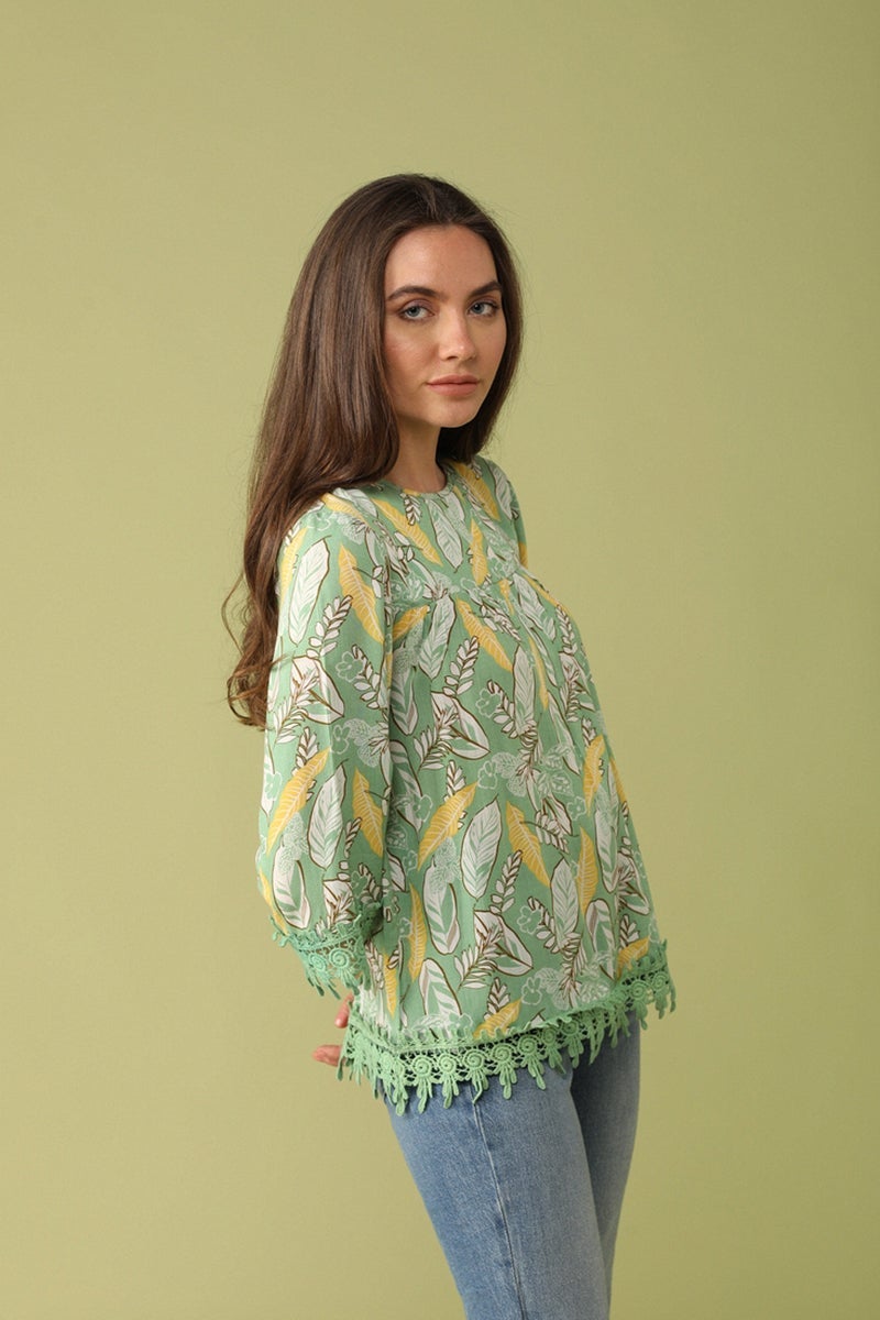 Gipsy Women Green Round Neck 3/4 Quarter Sleeves Tunic