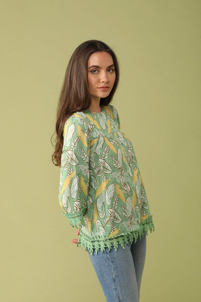Gipsy Women Green Round Neck 3/4 Quarter Sleeves Tunic
