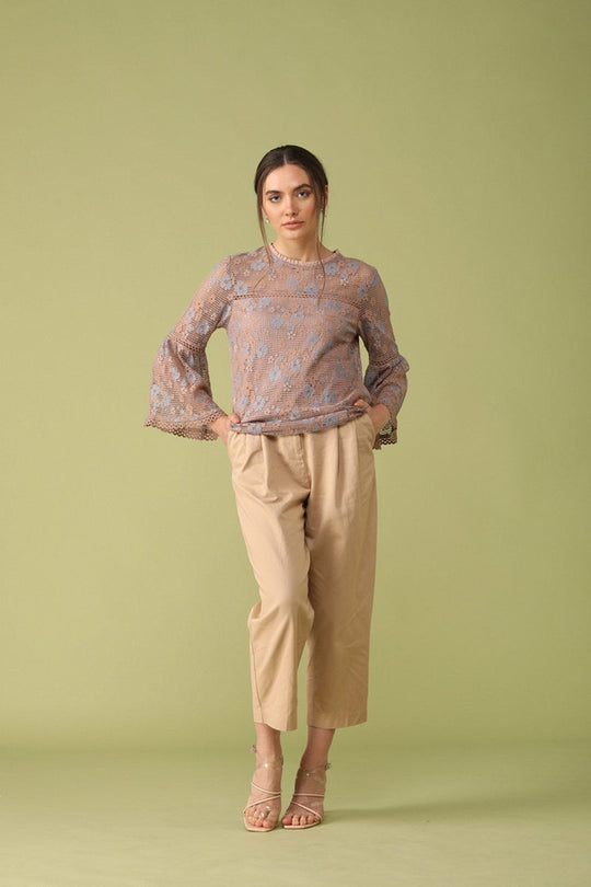 Gipsy Women Round Neck Long Sleeves Self Design Khaki Color Tops