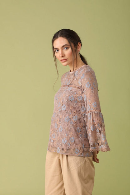Gipsy Women Round Neck Long Sleeves Self Design Khaki Color Tops