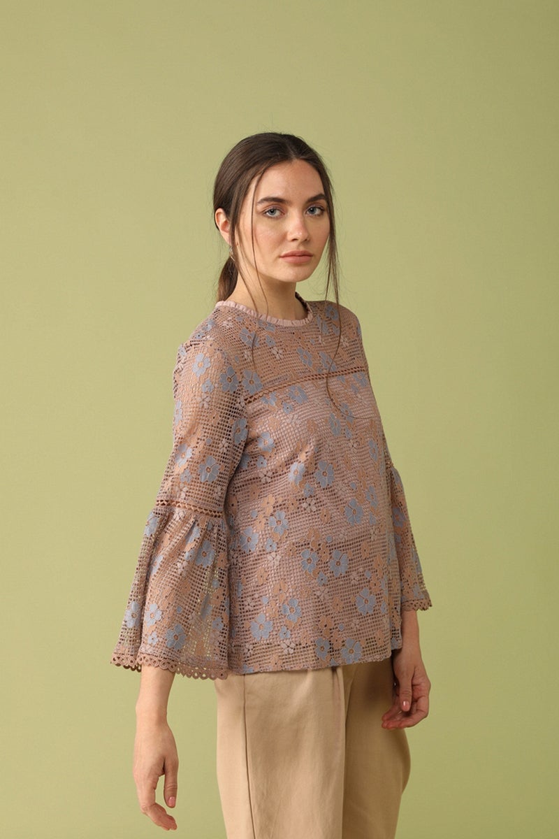 Gipsy Women Round Neck Long Sleeves Self Design Khaki Color Tops