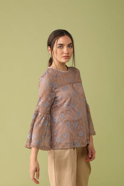 Gipsy Women Round Neck Long Sleeves Self Design Khaki Color Tops