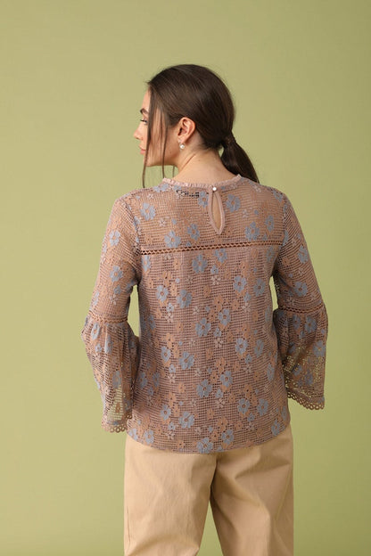 Gipsy Women Round Neck Long Sleeves Self Design Khaki Color Tops