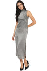 Grey Midi Length Choker Neck Sleeveless Polyester Striped Dress