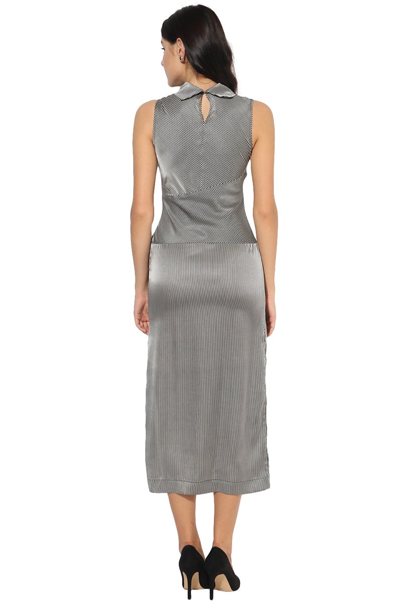 Grey Midi Length Choker Neck Sleeveless Polyester Striped Dress