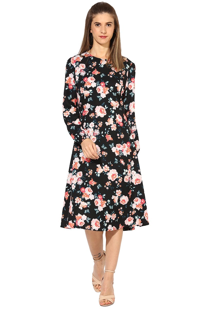Multicolor Midi Length Boat Neck Long Sleeves Floral Print Polyester Dress