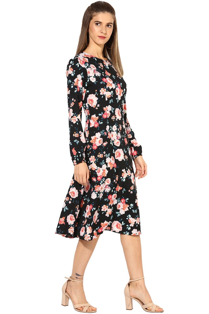 Multicolor Midi Length Boat Neck Long Sleeves Floral Print Polyester Dress