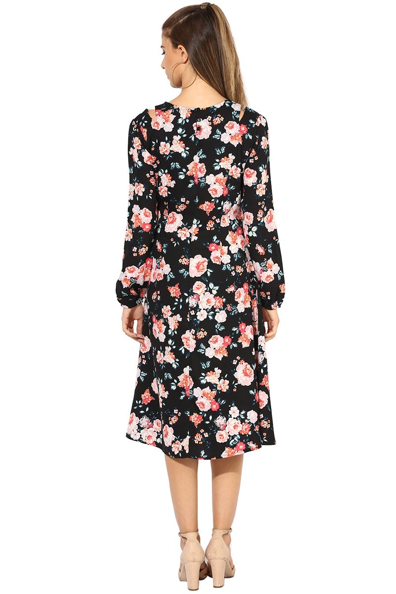Multicolor Midi Length Boat Neck Long Sleeves Floral Print Polyester Dress