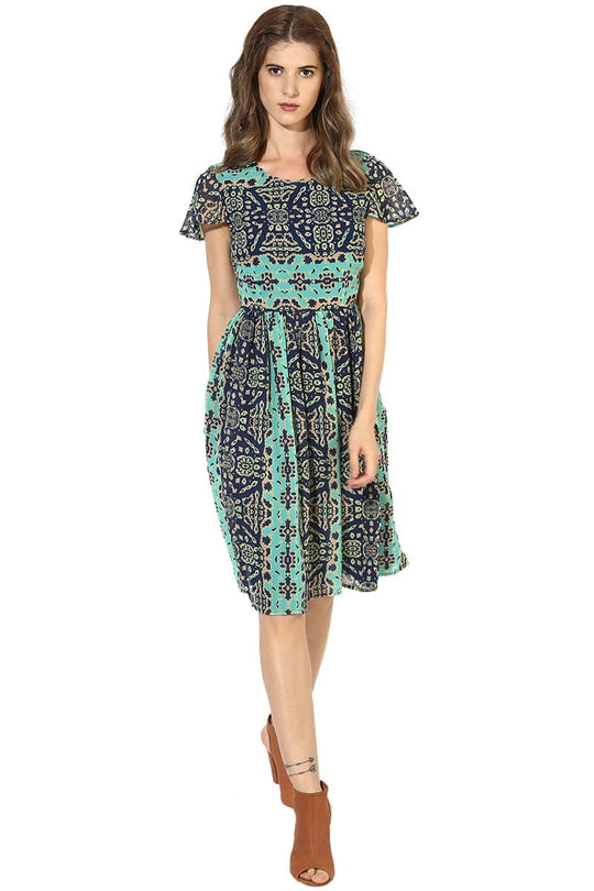 Milticolor Knee Length Round Neck Short Sleeves Printed Polyester Dress